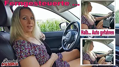 Remote controlled orgasm fuck half naked driving car