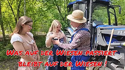 Hot threesome in a dirndl!!! Without a condom! What happens in the meadow stays in the meadow 