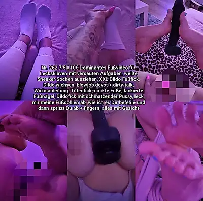 7:50 Dominant foot video for lick slaves with kinky tasks, taking off white sneaker socks, XXL dildo footfuck, dildo masturbation, submissive blowjob + dirty talk, masturbation instructions, titfucking, bare feet, painted toenails, dildofucking with a smacking pussy, lick my soles as I command and then you cum