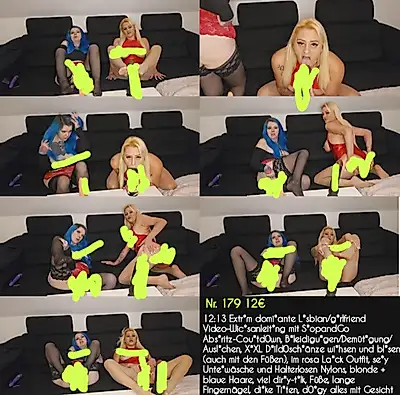 12:13 Extremely Dominant Lesbian/Girlfriend Video-W***sanleitung mit StopandGo A******z-Countdown, Beleidigung/Demütigung/Alachen, XXL Dildos******e w****en und b****n (auch mit den Füßen), im rosa Lack Outfit, s*xy Unterwäsche und Halterlosen Nylons, blonde & blue hair, viel dirty-talk, Füße, lange F****rnägel, dicke Ti***n, doggy alles mit Gesicht