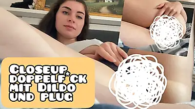 Closeup double f**k, with dildo and plug horny fucked